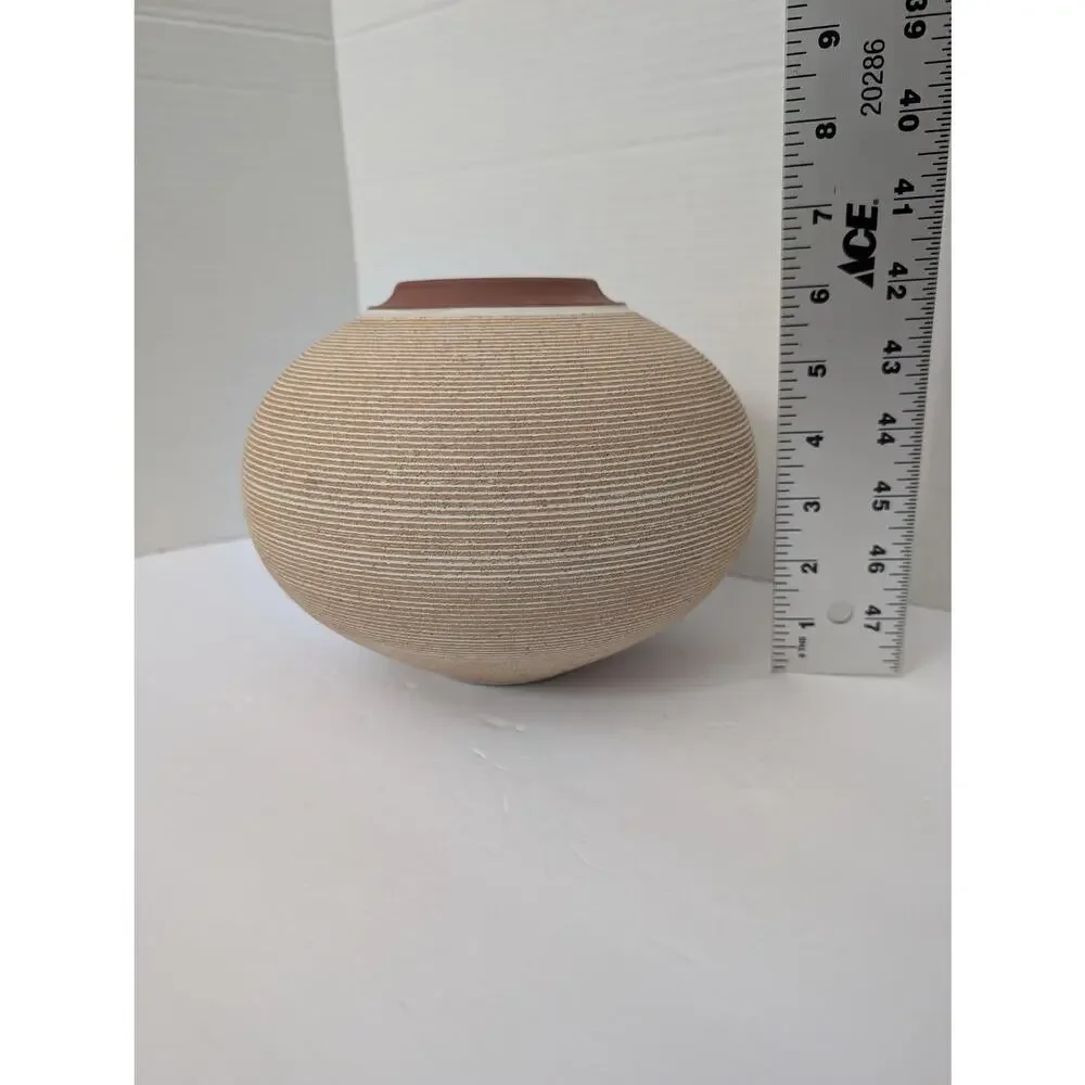 Renee Margolin Studio Pottery Vase Fine Grooved Sphere Ceramic Art Piece